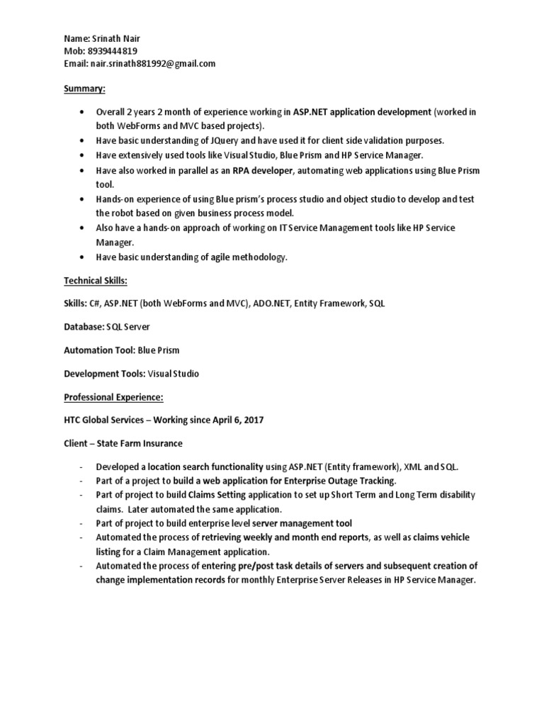 Profile of Srinath Nair: ASP.NET Developer | PDF | Entity Framework ...