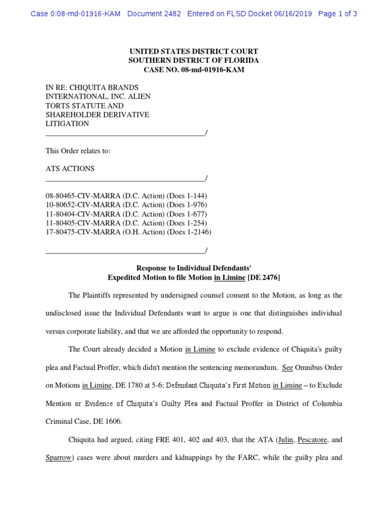 Response To Individual Defendants Motion To File Motion in Limine PDF