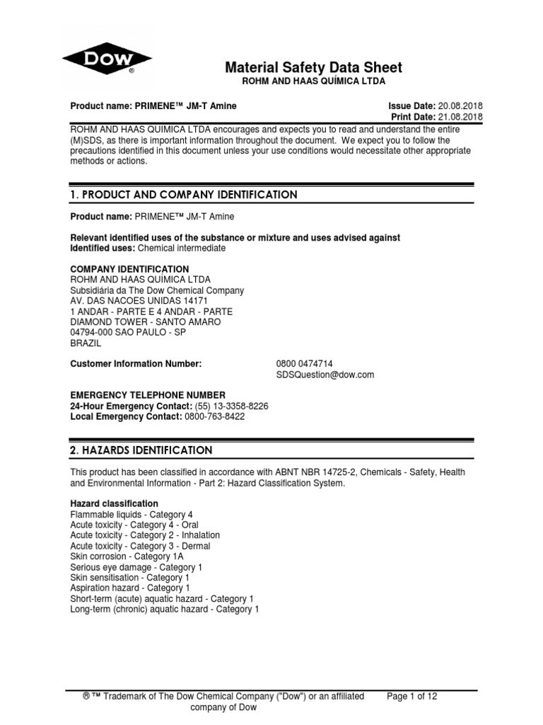 Safety Data Sheet Primene JMT | PDF | Toxicity | Dangerous Goods