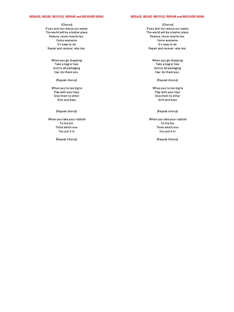 A Cheerful Call to Reduce, Reuse, Recycle, Repair and Recover: Lyrics ...