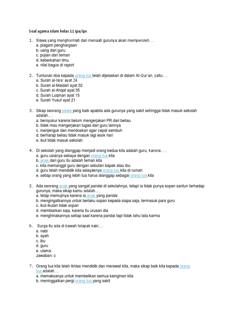 Soal Agama Islam Kelas 11 Ipa