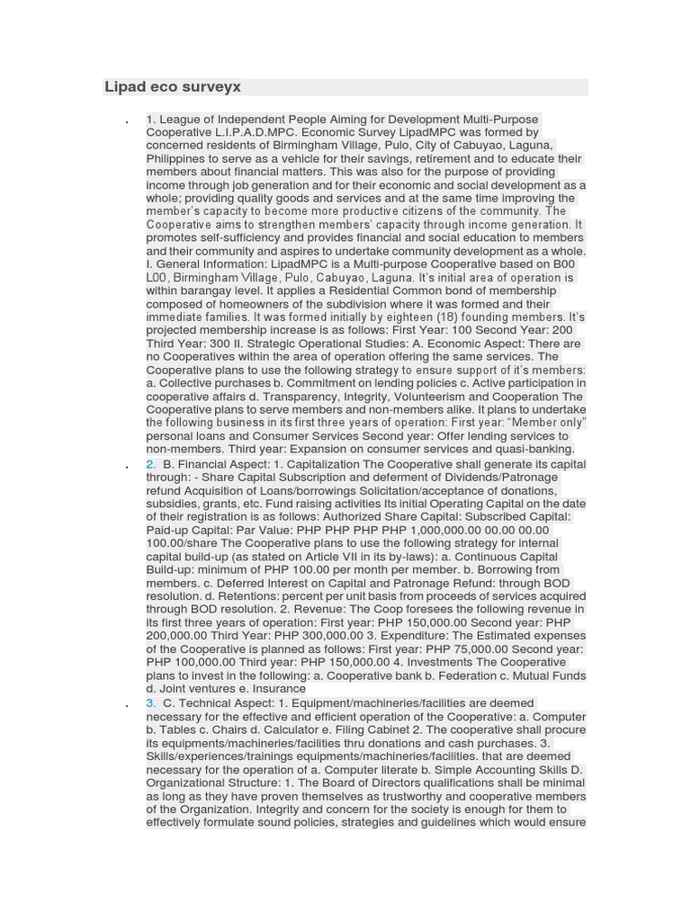 Economic Survey for Lipad MPC | PDF | Cooperative | Secretary