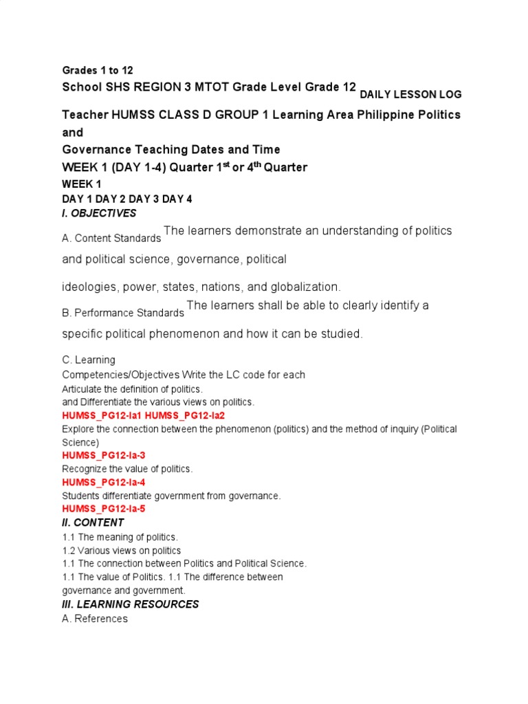 Philipe Politics And Governance Dlp Pdf Political Science Ideologies