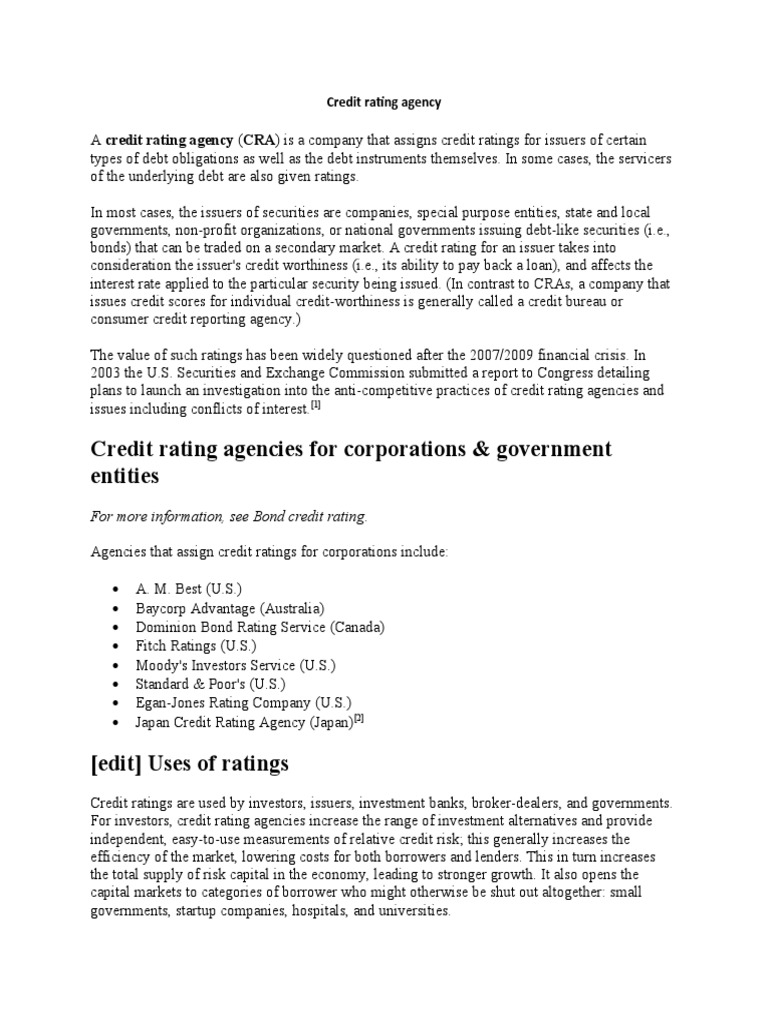 Understanding Credit Rating Agencies | PDF | Credit | Credit Rating Agency