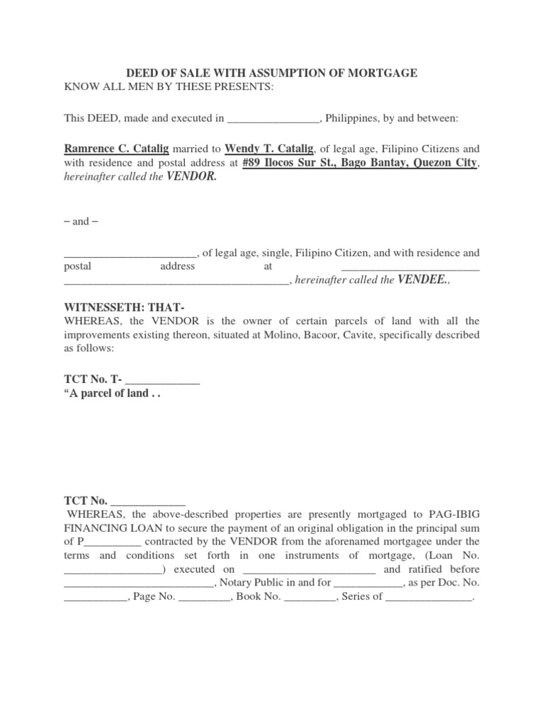 Deed of Sale With Assumption of Mortgage PDF Mortgage Law Land Law