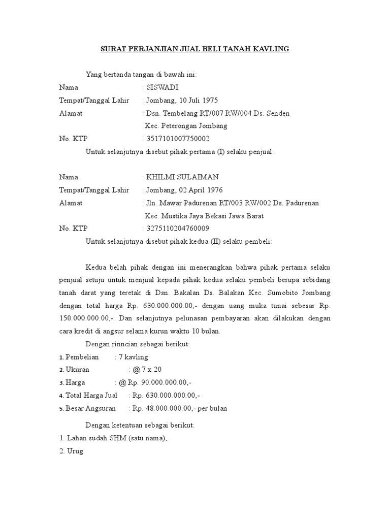 Surat Perjanjian Jual Beli Tanah Kavling Pdf
