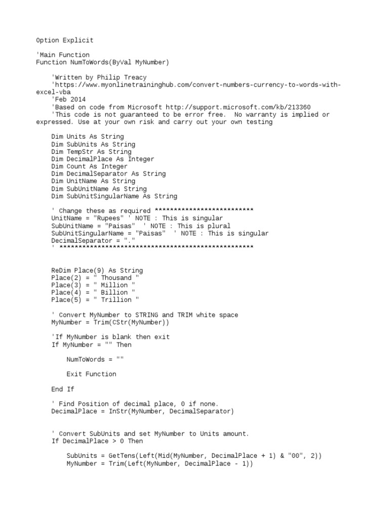 VBA Code to Convert Numbers to Rupees | PDF | Computer Programming ...