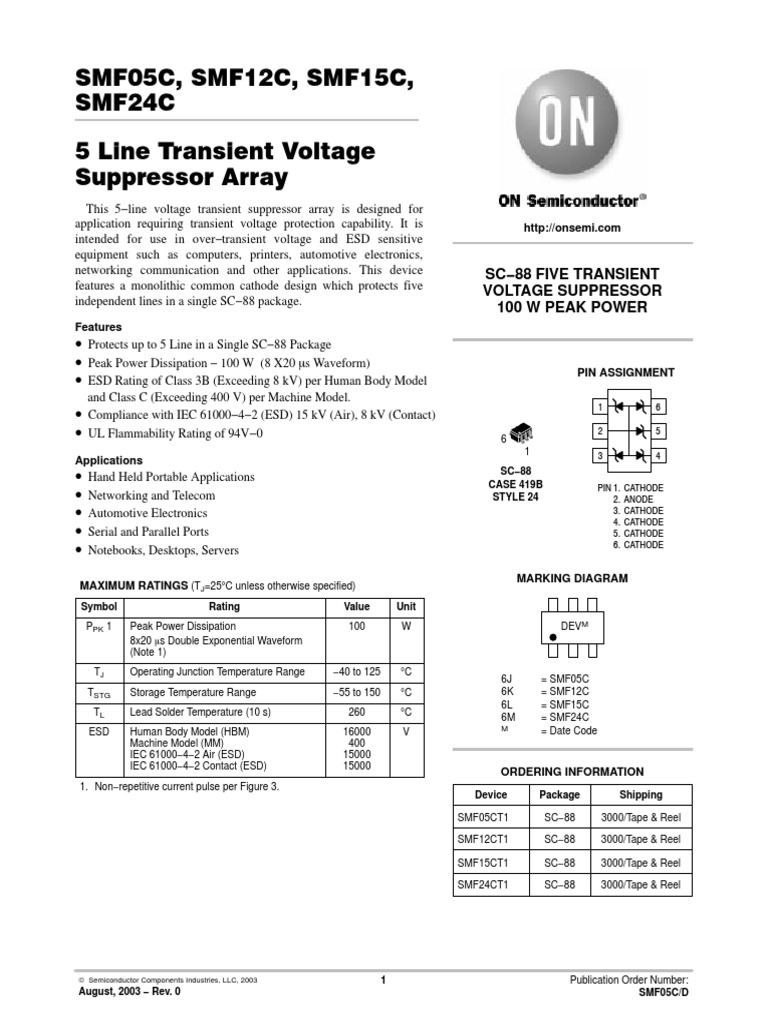 SMF05C, SMF12C, SMF15C, SMF24C 5 Line Transient Voltage Suppressor ...
