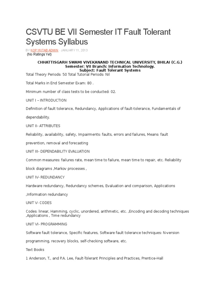 CSVTU BE VII Semester IT Fault Tolerant Systems Syllabus PDF