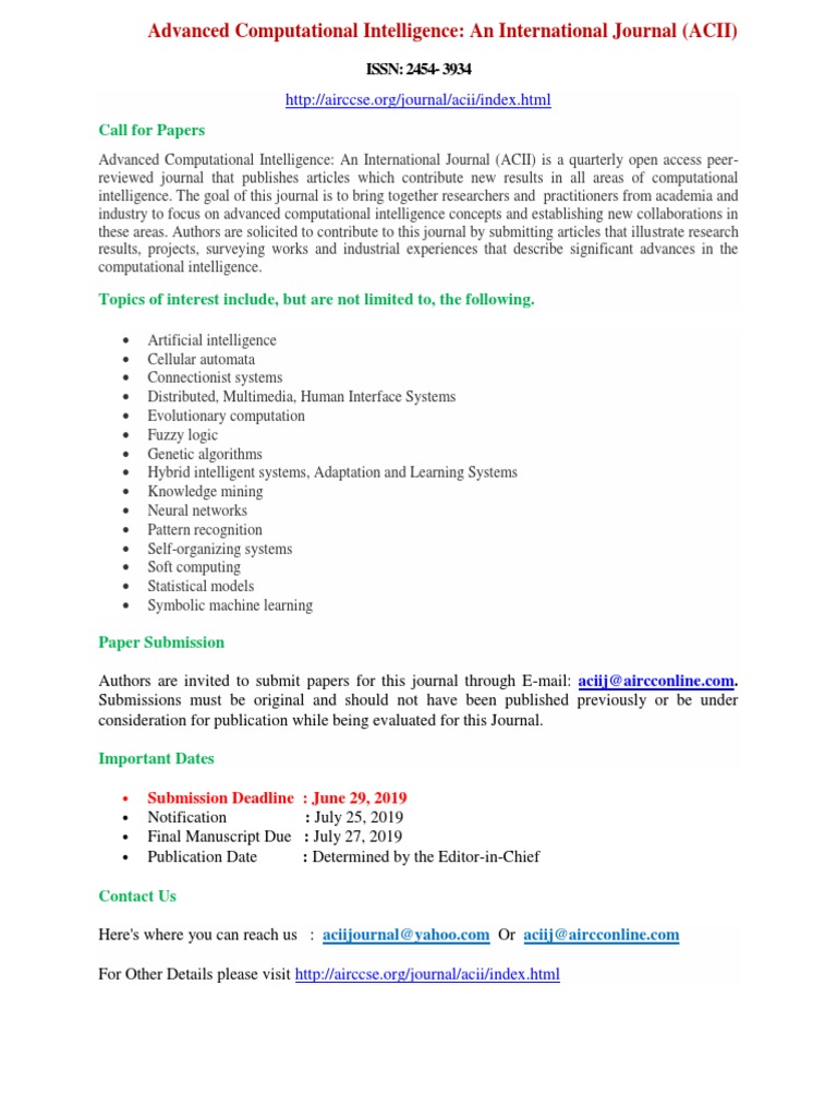 Advanced Computational Intelligence: An International Journal 