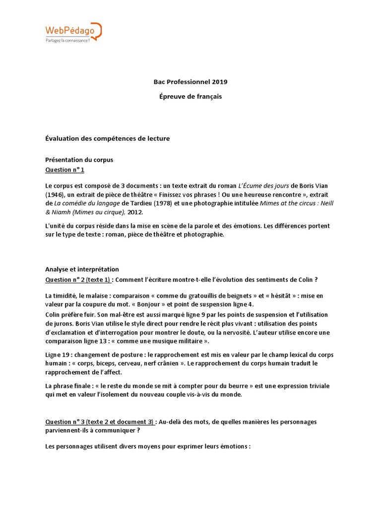 Sujet Bac Pro Français Le Jeu Corrigé Bac-Pro-2019 - Corrigé Francais | PDF | Communication non verbale |  Discours (linguistique)
