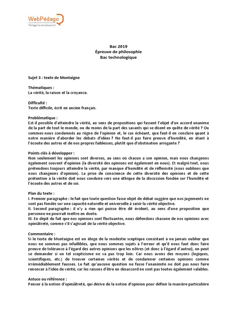 Sujets Corriges Bac 2019 Philo Techno S3 Scepticisme Verite