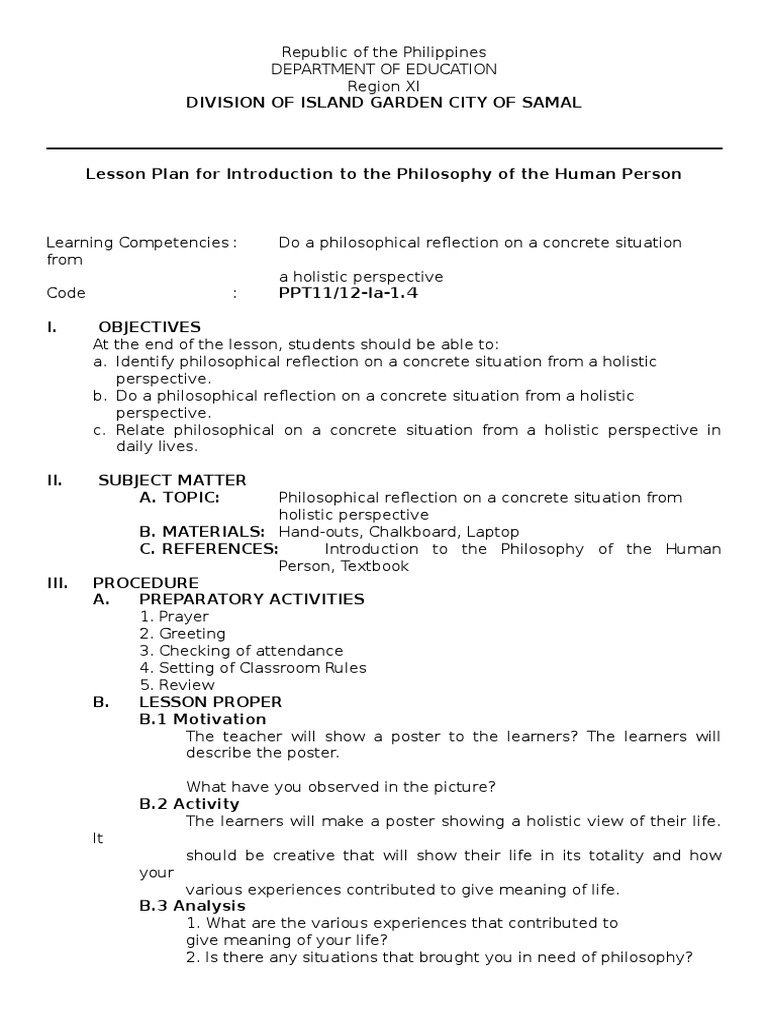 Lesson Plan for Introducing Philosophical Reflection on Concrete ...