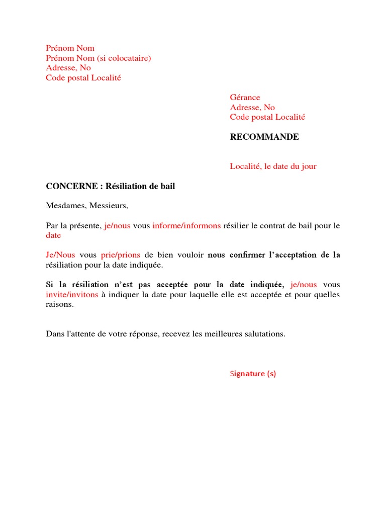 Lettre Type Resiliation Bail Pdf