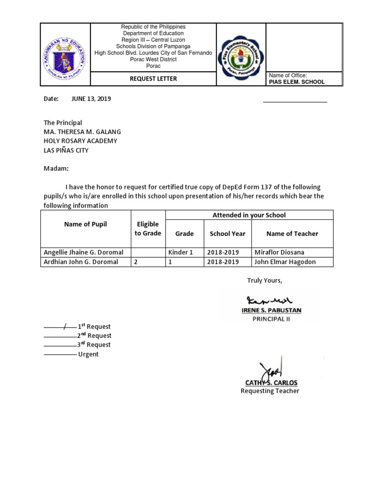 Request for Certified Form 137 | PDF | Philippines