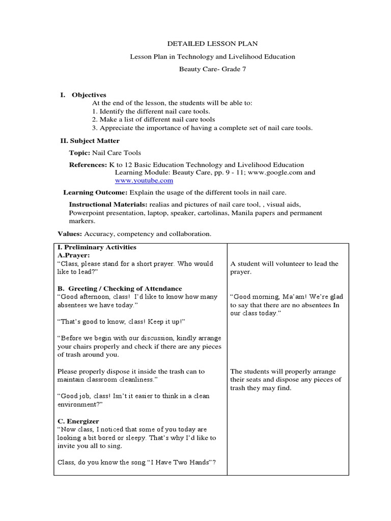 Nail Care Tools Lesson Plan | PDF | Nail (Anatomy) | Lesson Plan