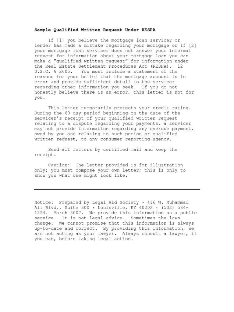 Sample Qualified Written Request Under Re Spa PDF Debt Credit