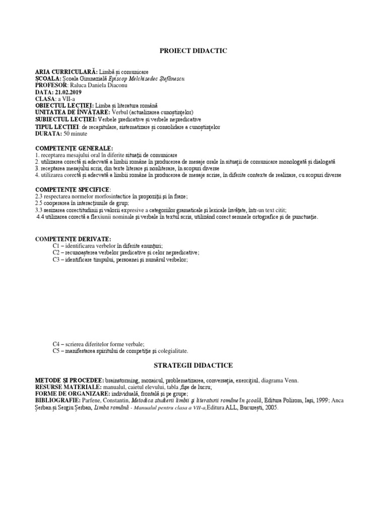 Proiect Lecție Recapitulare Verbele Predicative Și Nepredicative Clasa ...