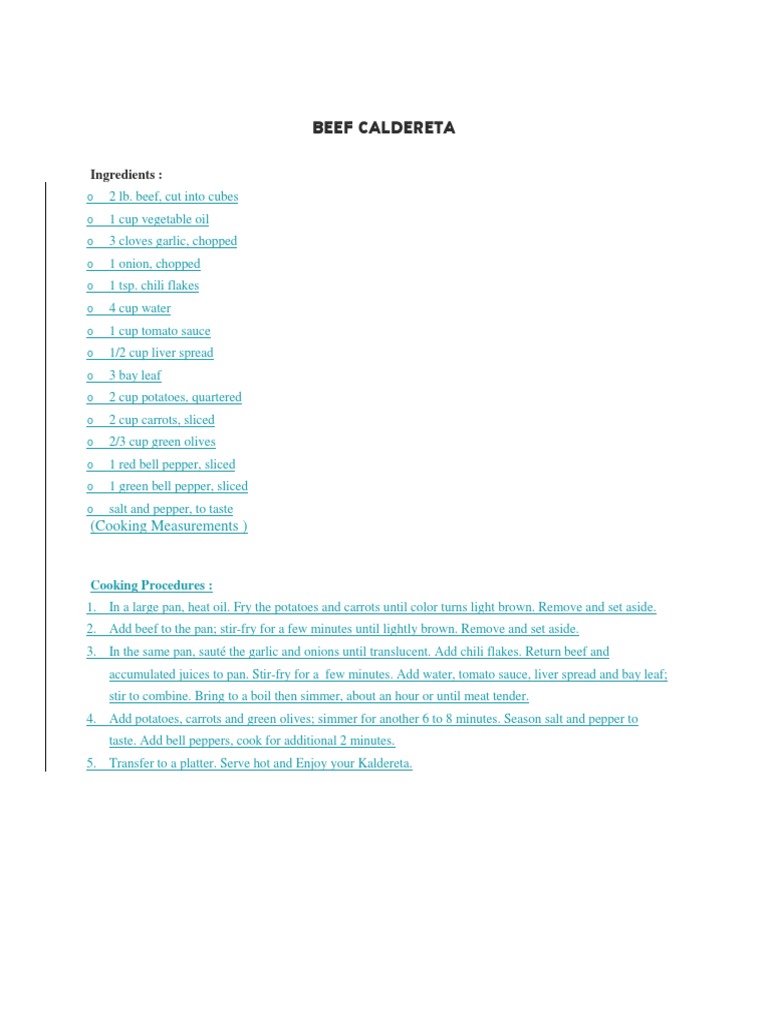 Beef Caldereta Recipe and Ingredients | PDF - Scribd