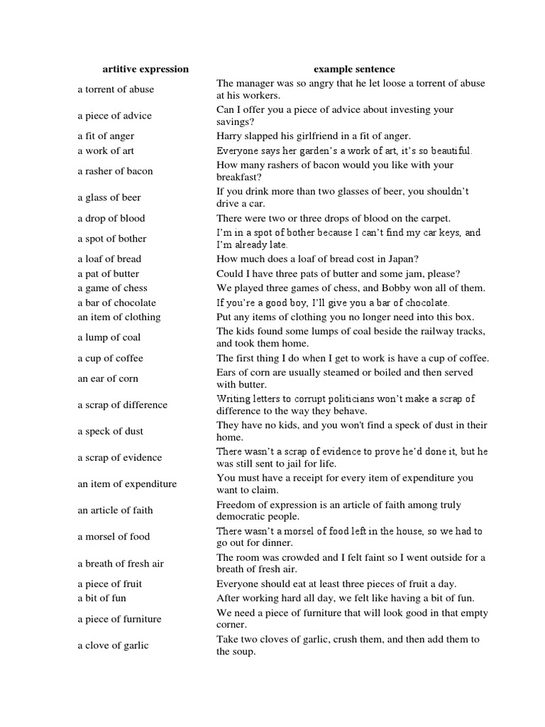 Artitive Expression Example Sentence PDF Bacon Beverages