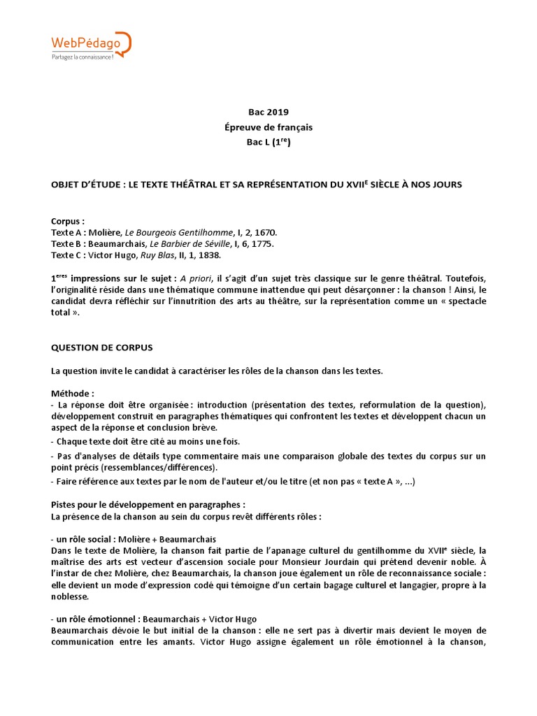 Commentaire Sur Le Theatre Bac Francais Bac 2019 Français L | PDF | Comédie | Pièce de théâtre