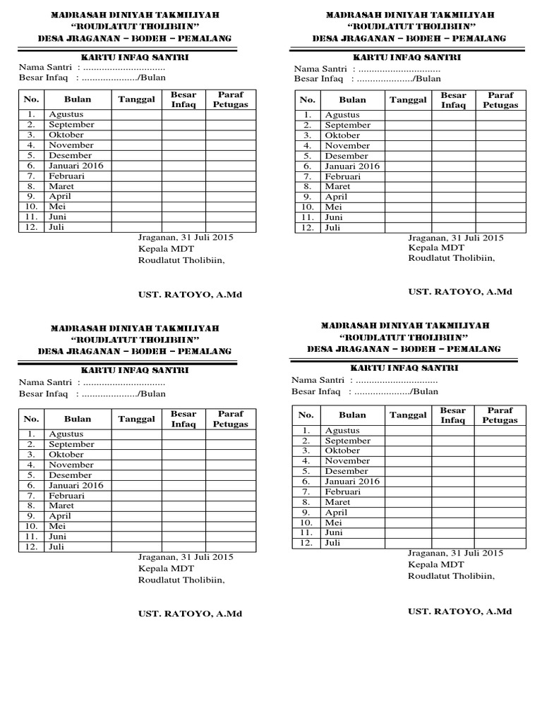 Kartu Infaq Santri MDT Roudlatut Tholibiin | PDF | Kesehatan Holistik