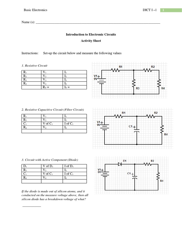 Introduction To Electronic Circuits Activity Sheet PDF Electronic