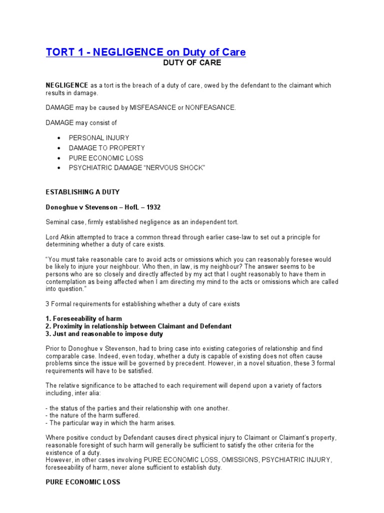 TORT 1 - NEGLIGENCE On Duty of Care | PDF | Negligence | Tort