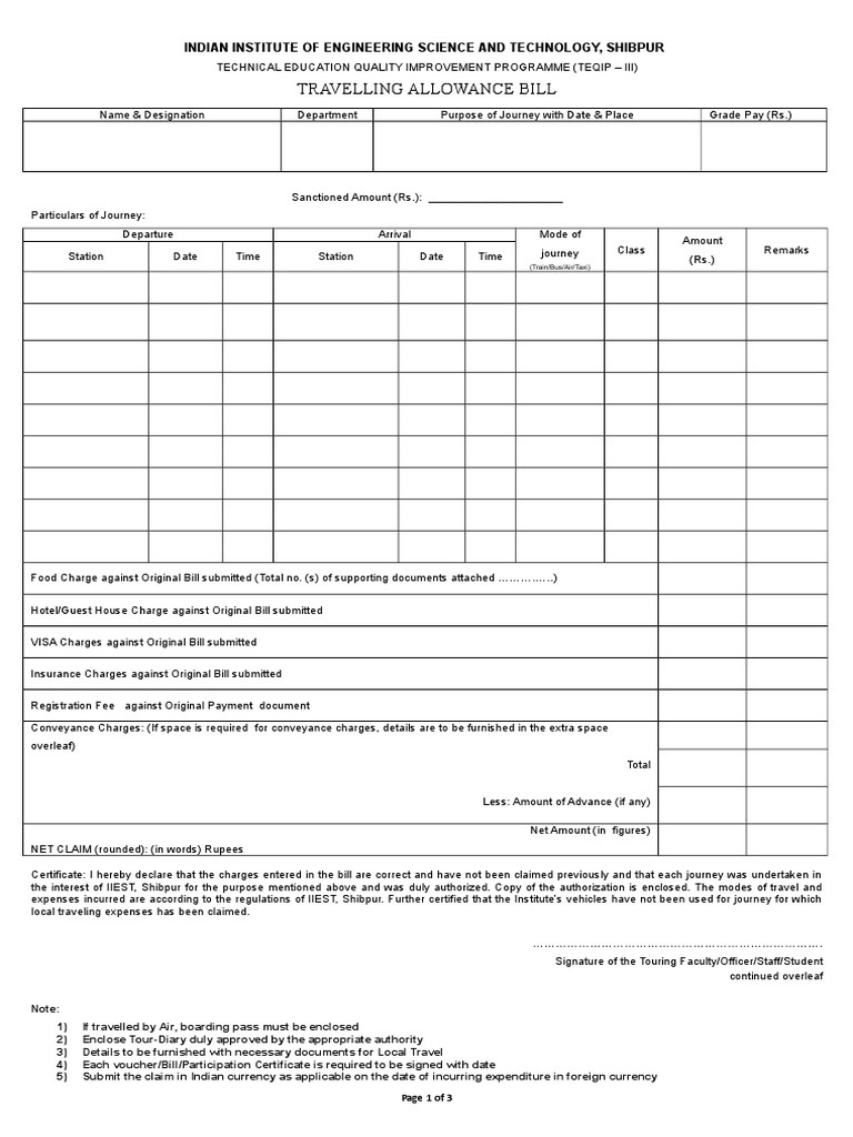 travelling allowance form in pdf