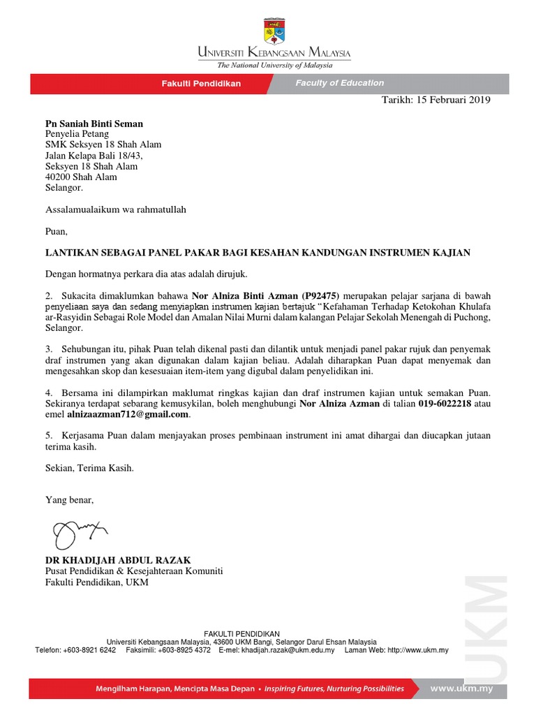 Contoh Surat Mohon Lantikan Sebagai Panel