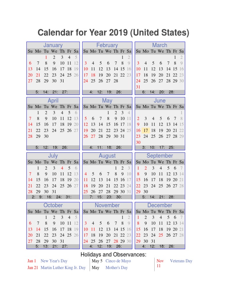 2019 US Holiday Calendar | PDF | Observances | Traditions