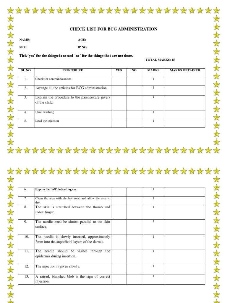 BCG Administration Nursing Checklist | PDF | Self-Improvement | Wellness