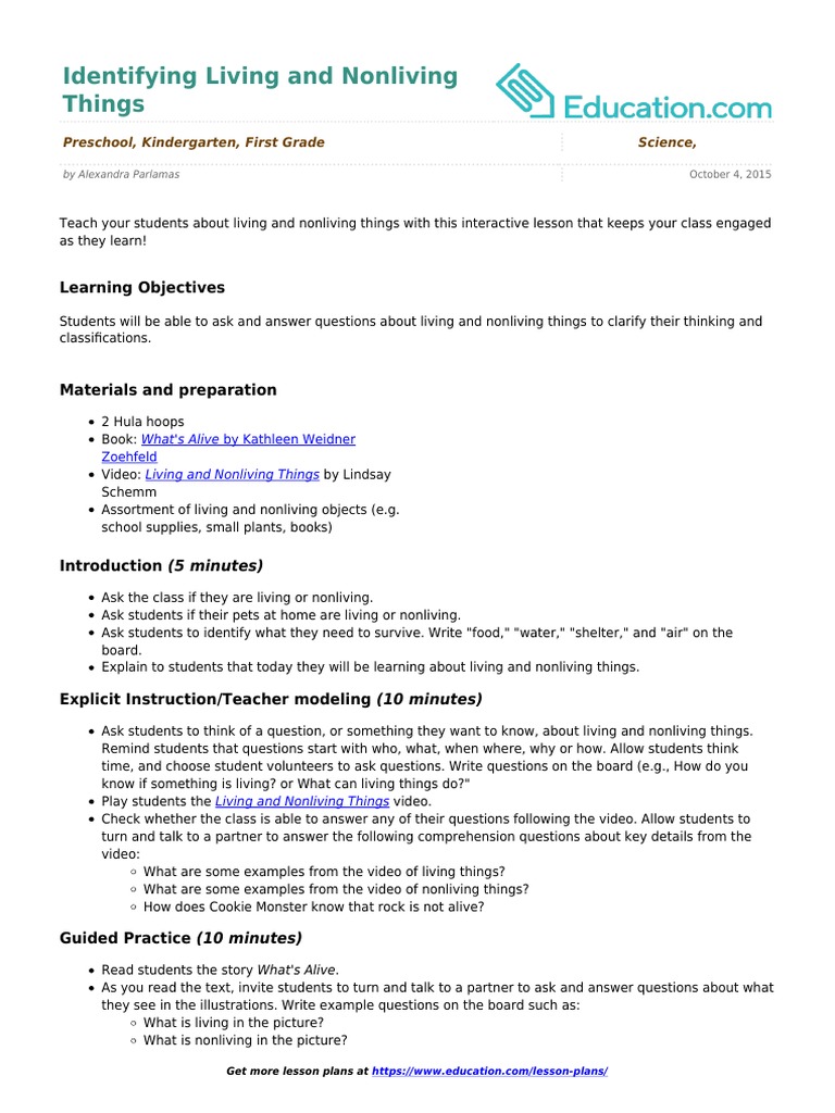 Living And Nonliving Things Question Lesson Plan