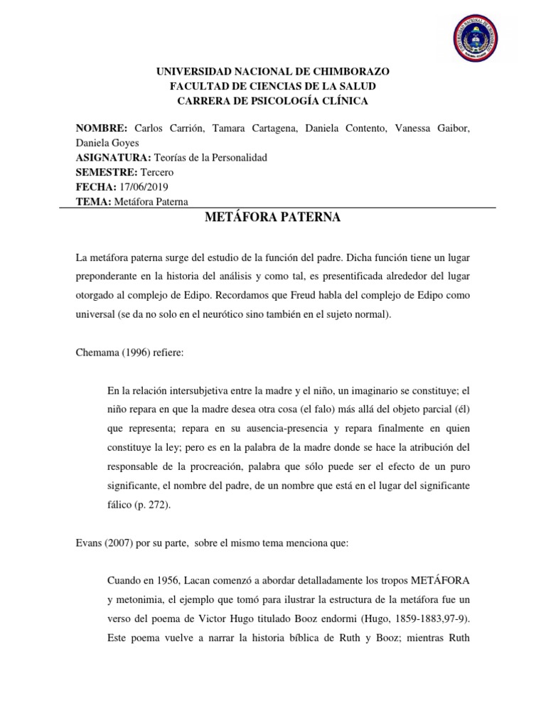 Metáfora Paterna en Lacan y Edipo | PDF | Jacques Lacan | Complejo de Edipo
