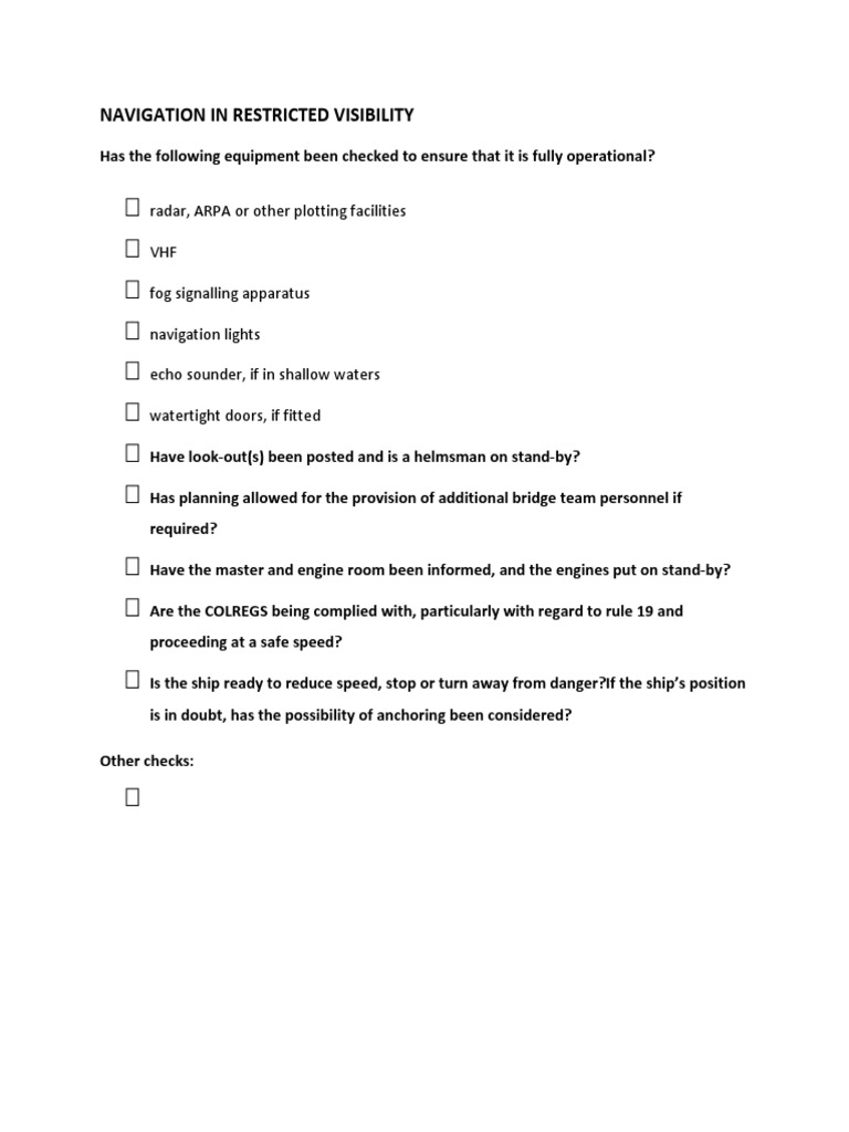 Navigation in Restricted Visibility Checklist PDF