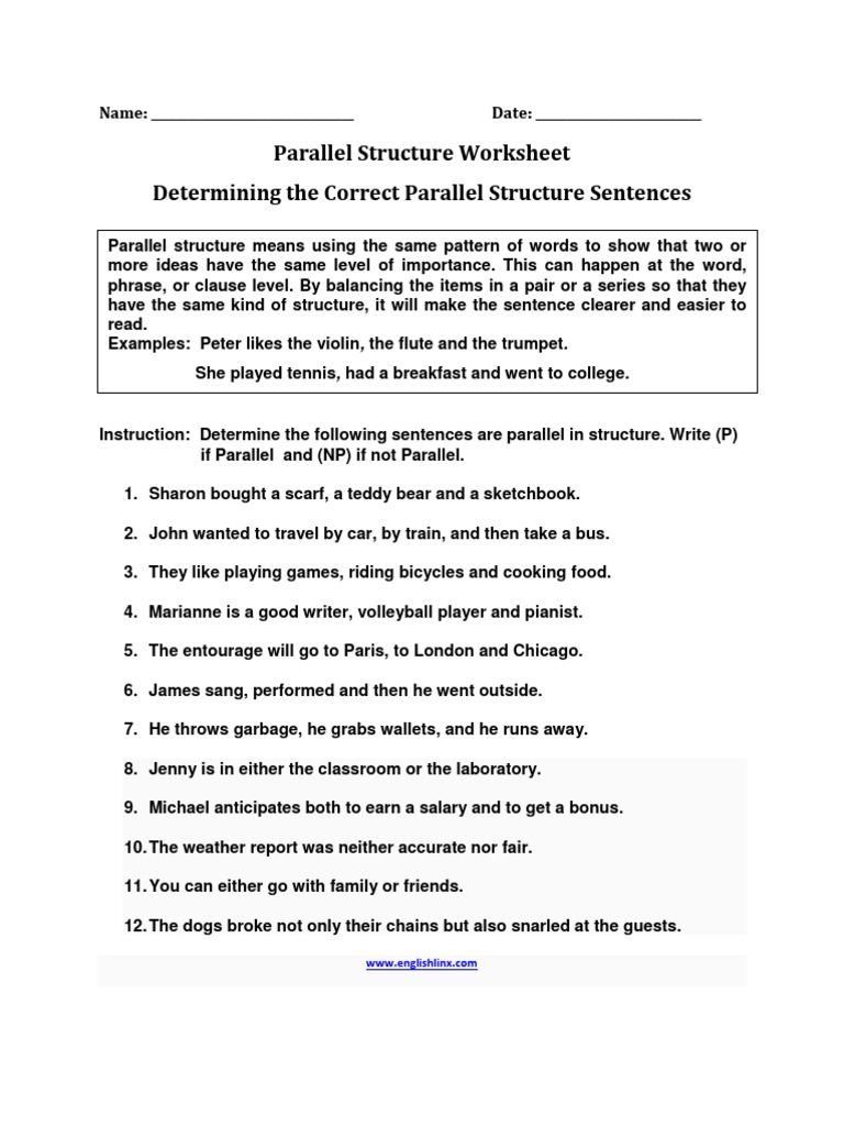 Determining The Correct Parallel Structure Worksheet Semiotics Language Mechanics