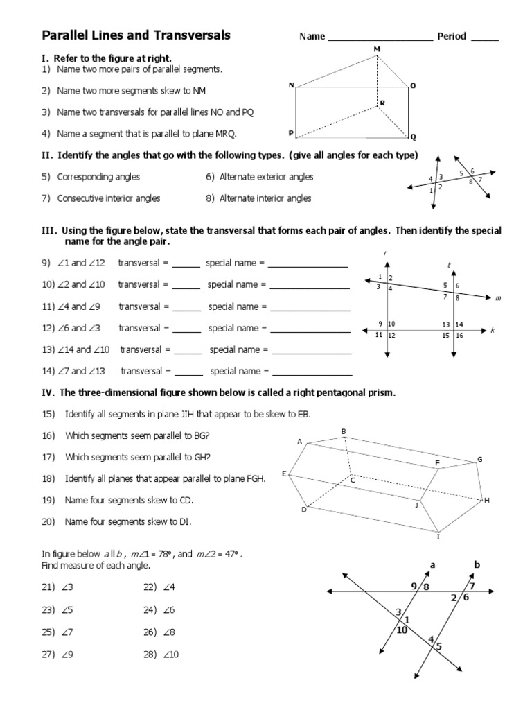 221 21 Worksheet Parallel Lines and Transversal  PDF  Classical Inside Parallel Lines Transversal Worksheet