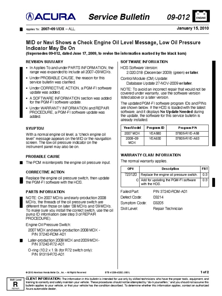 Acura Service Bulletin 09012 Download Free PDF Automotive