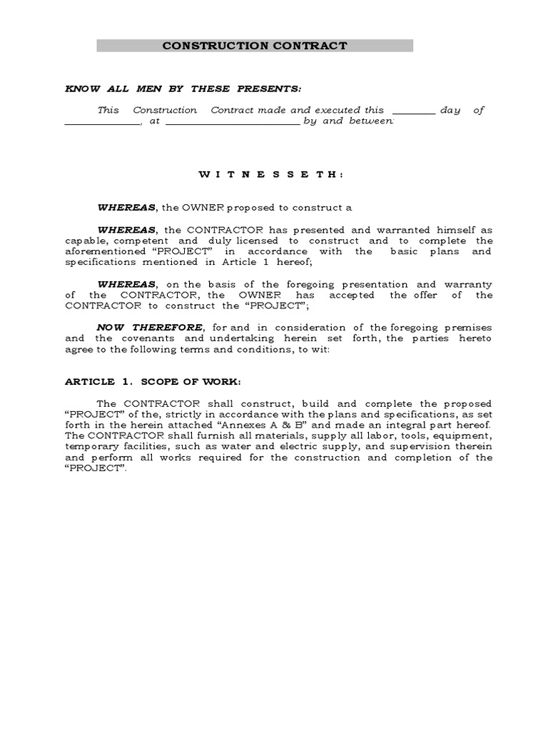 Construction Contract Agreement | PDF | General Contractor | Private Law