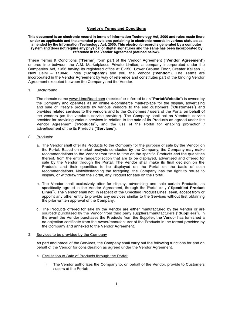 Vendor’s Terms and Conditions Indemnity Contractual Term