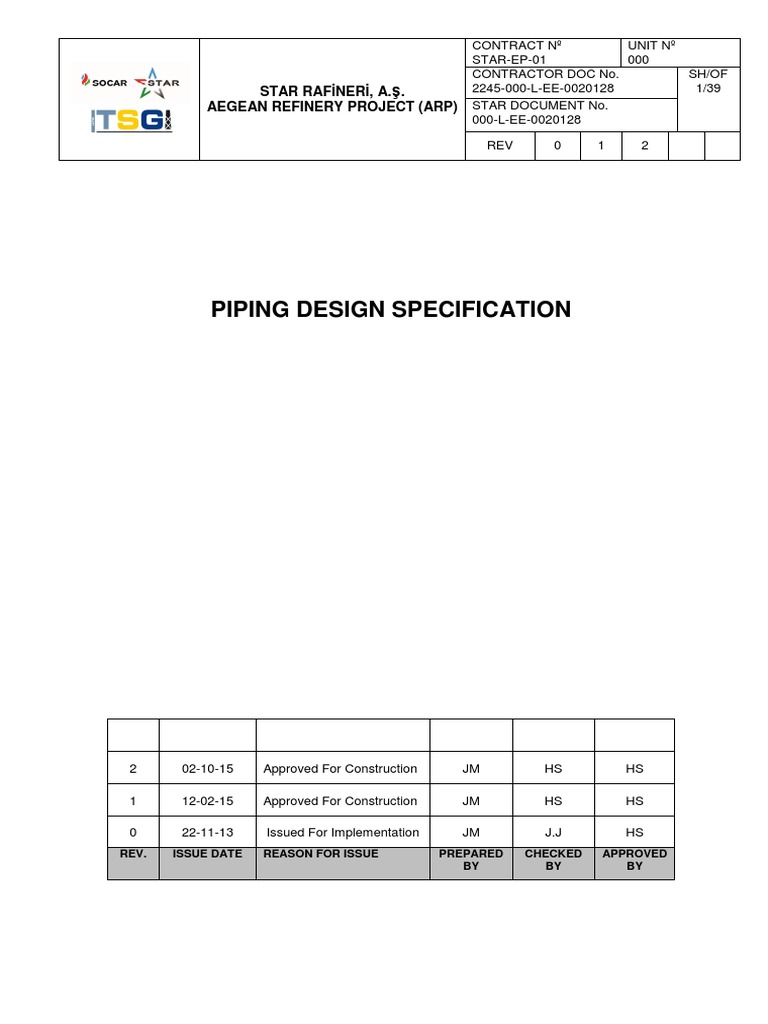 Aegean Refinery Piping Design Specs | PDF | Pipe (Fluid Conveyance) | Valve