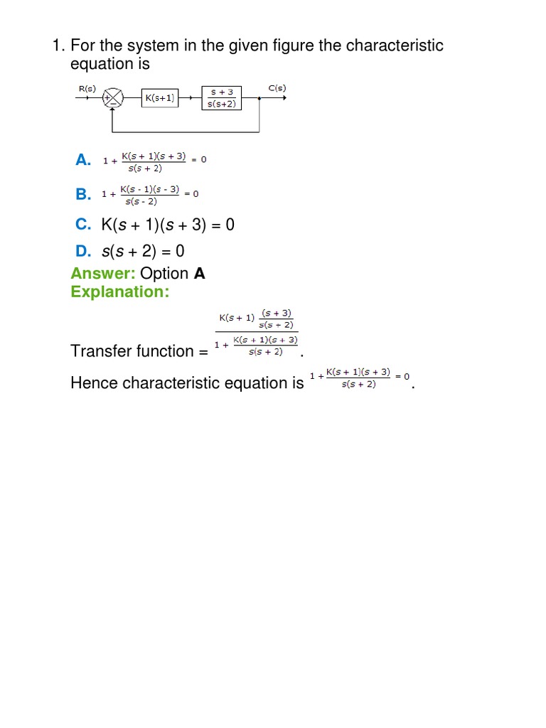 A. B. C. D. 1. For The System in The Given Figure The Characteristic