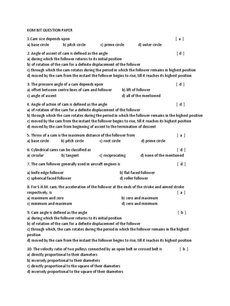 Kom Bit Question Paper | PDF | Belt (Mechanical) | Physical Quantities
