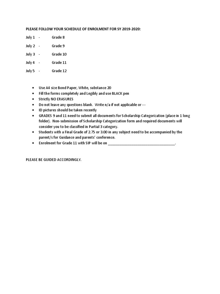 2019-2020 Enrollment Schedule and Guidelines | PDF