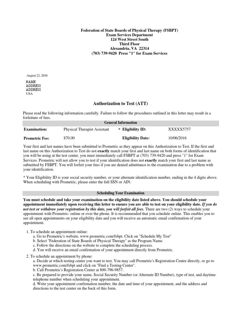 Authorization to Test for FSBPT Exam | PDF | Identity Document | Test ...