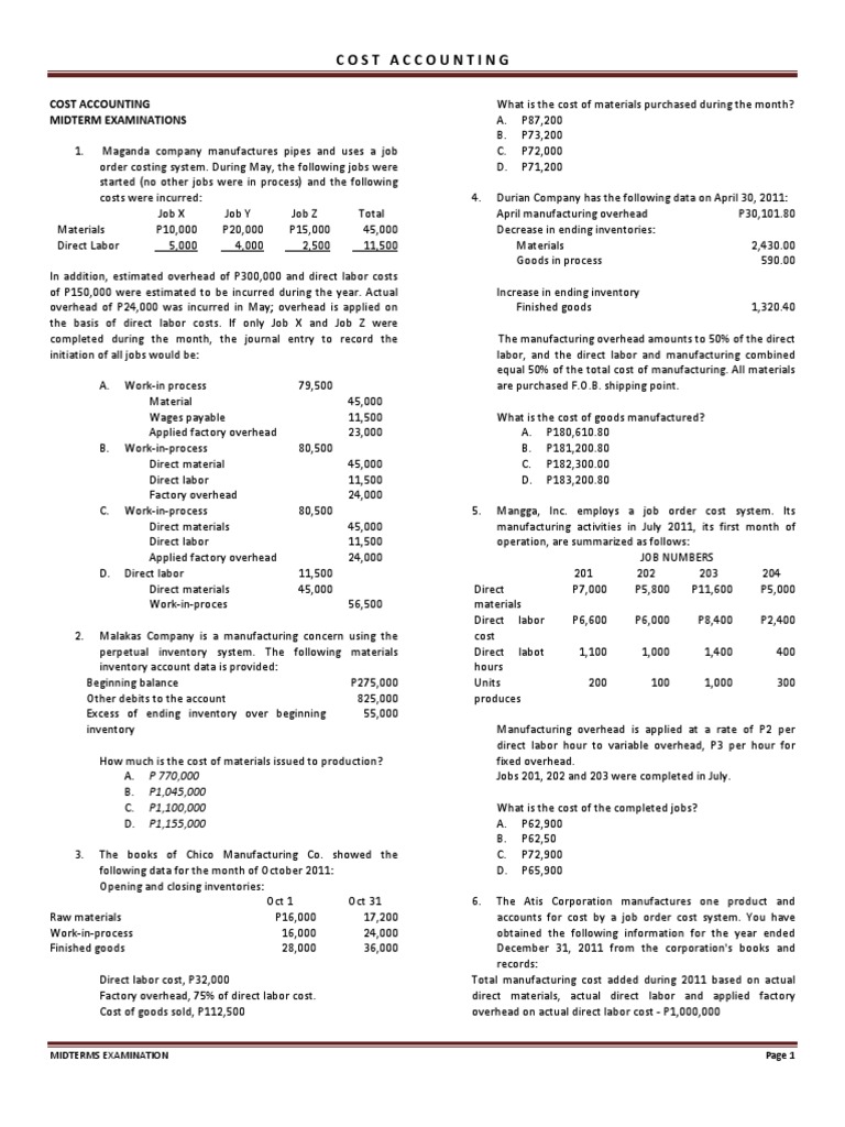 Cost Accounting Midterms Cost Of Goods Sold Inventory