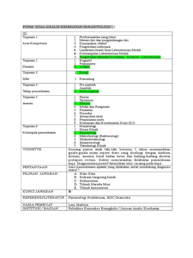 Soal Uji Kompetensi Analis Kesehatan Dan Kunci Jawaban Pdf