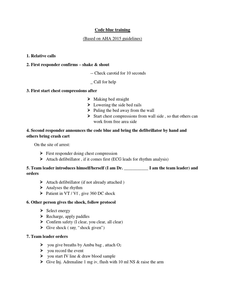 Code Blue Steps | PDF | Cardiopulmonary Resuscitation | Traumatology