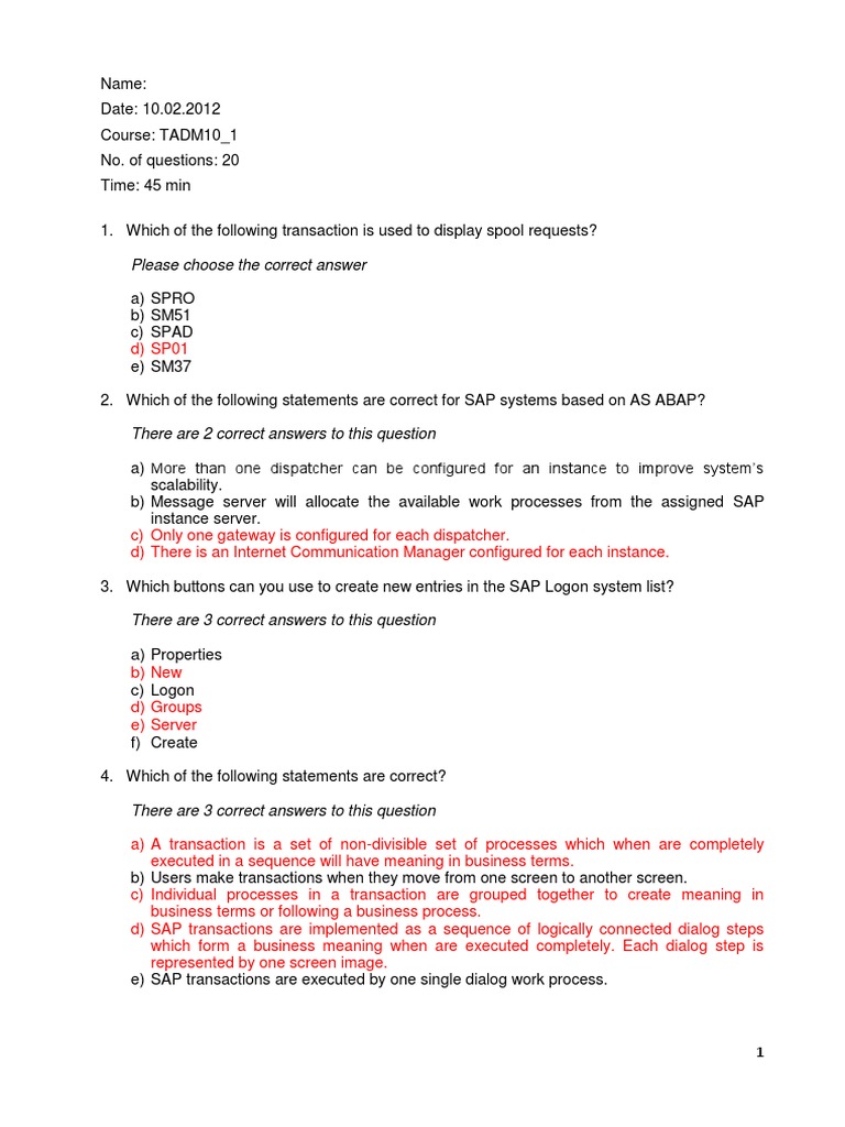 SAP System Administration Quiz | PDF | Information Management | Areas ...