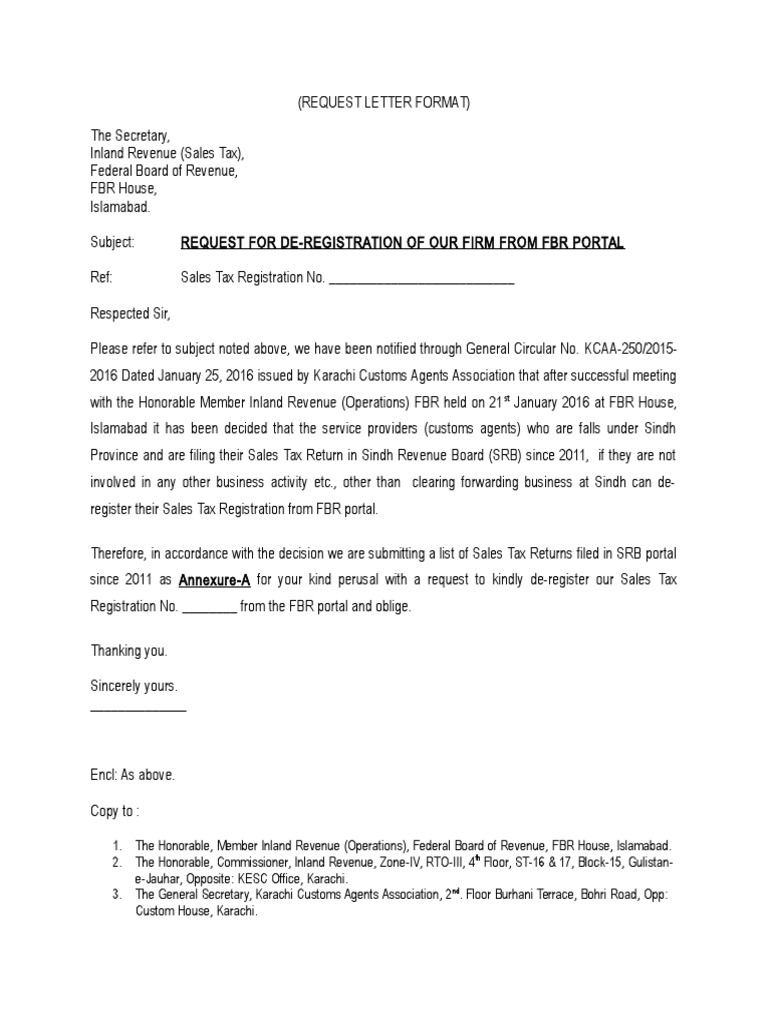 De Registration of Sales Tax From FBR Format Letter 1